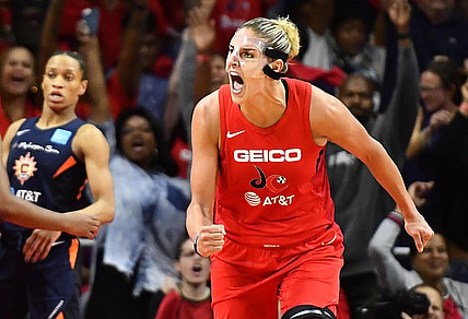 Oct 10, 2019; Washington, DC, USA; Washington Mystics forward Elena Delle Donne (11) reacts against the Connecticut Sun during the fourth quarter in game five of the 2019 WNBA Finals at Entertainment and Sports Ar. Mandatory Credit: Brad Mills-USA TODAY Sports
