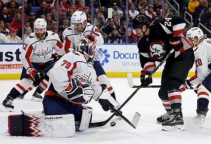 Feb 26, 2023; Buffalo, New York, USA;  Washington Capitals goaltender Charlie Lindgren (79) makes a save as Buffalo Sabres center Dylan Cozens (24) looks for a rebound during the second period at KeyBank Center. Mandatory Credit: Timothy T. Ludwig-USA TODAY Sports