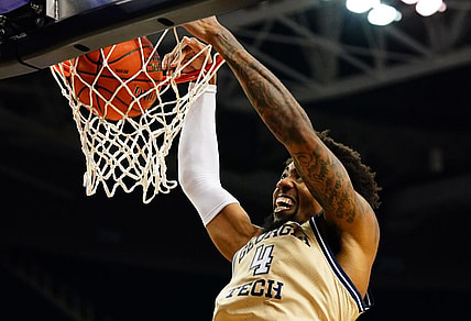 Mar 7, 2023; Greensboro, NC, USA; Georgia Tech Yellow Jackets forward Ja'von Franklin (4) dunks against the Florida State Seminoles during the first half of the first round of the ACC tournament at Greensboro Coliseum. Mandatory Credit: John David Mercer-USA TODAY Sports