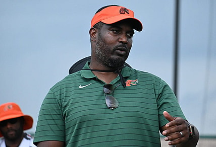 Florida A&M football Willie Simmons talks to campers following his RAC BOYZ 2.0 7-on-7 Camp at Bragg Memorial Stadium in Tallahassee, Florida, Saturday, June 10, 2023