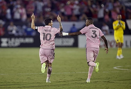 Aug 6, 2023; Frisco, TX, USA; Inter Miami CF forward Lionel Messi (10) celebrates with midfielder Dixon Arroyo (3) after scoring in the second half against FC Dallas at Toyota Stadium. Mandatory Credit: Tim Heitman-USA TODAY Sports