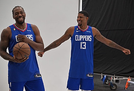 Los Angeles Clippers forward Kawhi Leonard (2) and Los Angeles Clippers guard Paul George (13) are photographed on media day at The Honey Training Center in Playa Vista, CA. Mandatory Credit: Jayne Kamin-Oncea-USA TODAY Sports