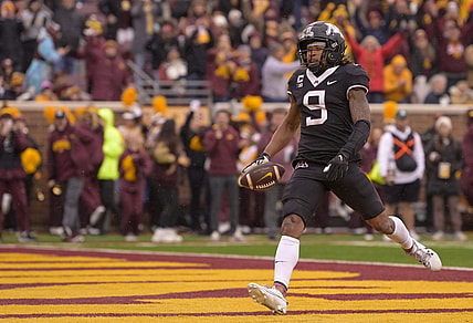 Oct 28, 2023; Minneapolis, Minnesota, USA; Minnesota Golden Gophers wide receiver Daniel Jackson (9) scores a touchdown on a 22-yard pass reception against the Michigan State Spartans during the second quarter at Huntington Bank Stadium. Mandatory Credit: Nick Wosika-USA TODAY Sports