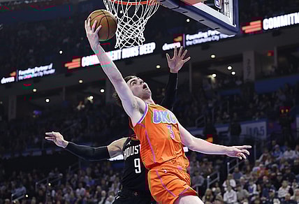 Mar 27, 2024; Oklahoma City, Oklahoma, USA; Oklahoma City Thunder guard Josh Giddey (3) shoots in front of Houston Rockets forward Dillon Brooks (9) during the second quarter at Paycom Center. Mandatory Credit: Alonzo Adams-USA TODAY Sports