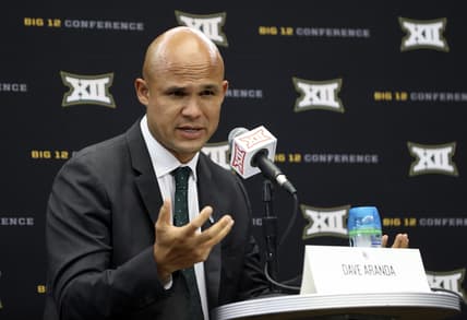 Jul 15, 2021; Arlington, TX, USA;  Baylor Bears head coach Dave Aranda speaks to the media during Big 12 media days at AT&T Stadium. Mandatory Credit: Kevin Jairaj-USA TODAY Sports