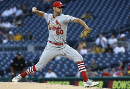 Aug 11, 2021; Pittsburgh, Pennsylvania, USA;  St. Louis Cardinals starting pitcher Adam Wainwright (50) delivers a pitch against the Pittsburgh Pirates during the first inning at PNC Park. Mandatory Credit: Charles LeClaire-USA TODAY Sports