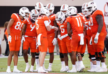 Sep 3, 2021; Blacksburg, Virginia, USA;  Virginia Tech Hokies quarterback Braxton Burmeister (3) runs the huddle during the first quarter against the North Carolina Tar Heels at Lane Stadium. Mandatory Credit: Reinhold Matay-USA TODAY Sports