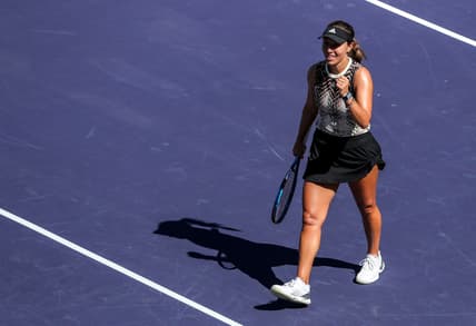 Jessica Pegula of the United States celebrates a win over Elina Svitolina of Ukraine in their round four match of the BNP Paribas Open, Tuesday, Oct. 12, 2021, in Indian Wells, Calif.
