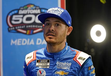 Feb 16, 2022; Daytona, FL, USA; Feb 16, 2022; Daytona, FL, USA; NASCAR Cup Series driver Kyle Larson (5) talks to the press during Daytona 500 media day at Daytona International Speedway. Mandatory Credit:Mandatory Credit: Mike Dinovo-USA TODAY Sports