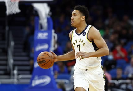 Mar 2, 2022; Orlando, Florida, USA; Indiana Pacers guard Malcolm Brogdon (7) moves to the basket against the Orlando Magic during the first quarter at Amway Center. Mandatory Credit: Kim Klement-USA TODAY Sports