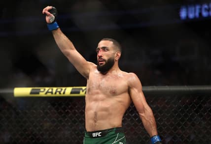 Jun 12, 2021; Glendale, Arizona, USA; Belal Muhammad reacts following his match against Demian Maia during UFC 263 at Gila River Arena. Mandatory Credit: Mark J. Rebilas-USA TODAY Sports