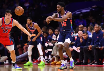 Apr 10, 2022; Philadelphia, Pennsylvania, USA; Philadelphia 76ers guard Shake Milton (18) passes the ball in the first quarter against the Detroit Pistons at Wells Fargo Center. Mandatory Credit: Kyle Ross-USA TODAY Sports