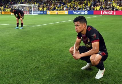 May 11, 2022; Nashville, Tennessee, USA; Atlanta United defender Ronald Hernandez (2) reacts after an overtime loss against the Nashville SC at Geodis Park. Mandatory Credit: Christopher Hanewinckel-USA TODAY Sports