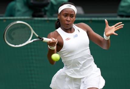 Jul 5, 2021; London, United Kingdom;  Coco Gauff (USA) seen playing Angelique Kerber (GER) on the Centre court in the ladies fourth round at All England Lawn Tennis and Croquet Club. Mandatory Credit: Peter van den Berg-USA TODAY Sports