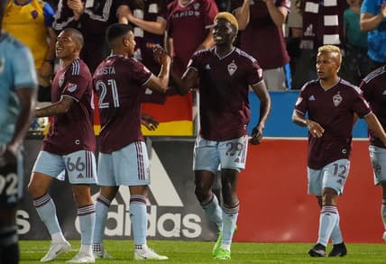 Aug 6, 2022; Commerce City, Colorado, USA; Colorado Rapids forward Gyasi Zardes (29) celebrates his goal with midfielder Bryan Acosta (21) and forward Michael Barrios (12) and defender Lucas Esteves (66) in the second half at Dick's Sporting Goods Park. Mandatory Credit: Ron Chenoy-USA TODAY Sports