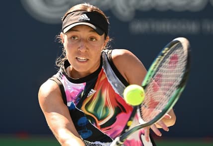 Aug 12, 2022; Toronto, ON, Canada;  Jessica Pegula (USA) plays a shot against Yulia Putintseva (KAZ) (not pictured) at Sobeys Stadium. Mandatory Credit: Dan Hamilton-USA TODAY Sports