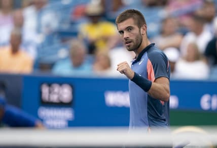 Aug 21, 2022; Cincinnati, OH, USA; Borna Coric (CRO) reacts to a shot during the men   s final match against Stefanos Tsitsipas (GRE) at the Western & Southern Open at the Lindner Family Tennis Center. Mandatory Credit: Susan Mullane-USA TODAY Sports