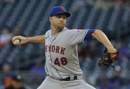 Sep 7, 2022; Pittsburgh, Pennsylvania, USA; New York Mets starting pitcher Jacob deGrom (48) deliver a pitch against the Pittsburgh Pirates during the first inning at PNC Park. Mandatory Credit: Charles LeClaire-USA TODAY Sports