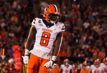 Sep 10, 2022; East Hartford, Connecticut, USA; Syracuse Orange defensive back Garrett Williams (8) reacts after a play against the Connecticut Huskies in the first quarter at Rentschler Field at Pratt & Whitney Stadium. Mandatory Credit: David Butler II-USA TODAY Sports