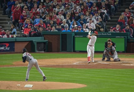 Nov 1, 2022; Philadelphia, PA, USA; Philadelphia Phillies center fielder Brandon Marsh (16) hits a solo home run off of Houston Astros starting pitcher Lance McCullers Jr. (43) during the second inning in game three of the 2022 World Series at Citizens Bank Park. Mandatory Credit: John Geliebter-USA TODAY Sports