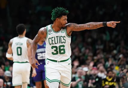 Nov 28, 2022; Boston, Massachusetts, USA; Boston Celtics guard Marcus Smart (36) reacts after a play against the Charlotte Hornets in the first quarter at TD Garden. Mandatory Credit: David Butler II-USA TODAY Sports