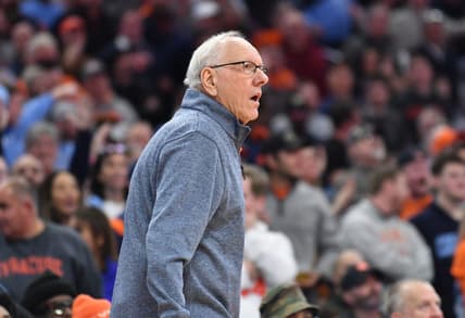 Jan 24, 2023; Syracuse, New York, USA; Syracuse Orange head coach Jim Boeheim watches play against the North Carolina Tar Heels in the second half at JMA Wireless Dome. Mandatory Credit: Mark Konezny-USA TODAY Sports