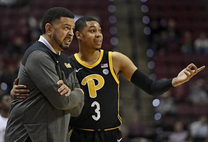 Feb 11, 2023; Tallahassee, Florida, USA; Pittsburgh Panthers guard Greg Elliott (3) speaks with head coach Jeff Capel during the first half against the Florida State Seminoles at Donald L. Tucker Center. Mandatory Credit: Melina Myers-USA TODAY Sports