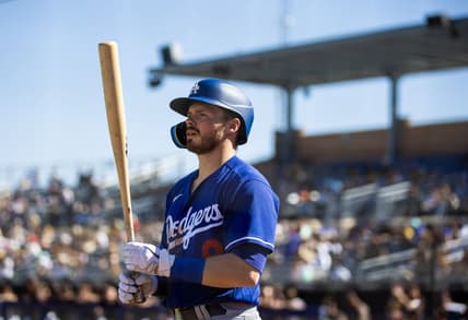 Feb 27, 2023; Peoria, Arizona, USA; Los Angeles Dodgers infielder Gavin Lux against the San Diego Padres during a spring training game at Peoria Sports Complex. Mandatory Credit: Mark J. Rebilas-USA TODAY Sports