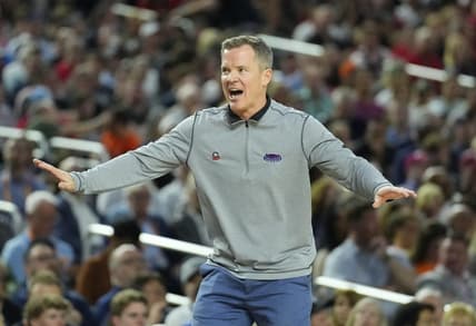 Apr 1, 2023; Houston, TX, USA; Florida Atlantic Owls head coach Dusty May reacts against the San Diego State Aztecs in the semifinals of the Final Four of the 2023 NCAA Tournament at NRG Stadium. Mandatory Credit: Robert Deutsch-USA TODAY Sports