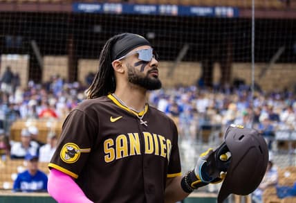 Mar 6, 2023; Phoenix, Arizona, USA; San Diego Padres outfielder Fernando Tatis Jr against the Los Angeles Dodgers during a spring training game at Camelback Ranch-Glendale. Mandatory Credit: Mark J. Rebilas-USA TODAY Sports