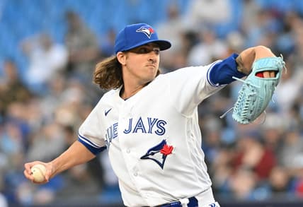 Apr 12, 2023; Toronto, Ontario, CAN;  Toronto Blue Jays starting pitcher Kevin Gausman (34) delivers a pitch against the Detroit Tigers in the first inning at Rogers Centre. Mandatory Credit: Dan Hamilton-USA TODAY Sports