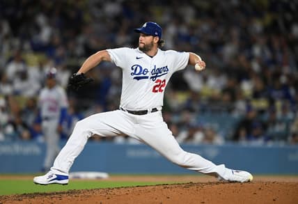Apr 18, 2023; Los Angeles, California, USA; Los Angeles Dodgers starting pitcher Clayton Kershaw (22) on the mound in the seventh inning against the New York Mets at Dodger Stadium. Mandatory Credit: Jayne Kamin-Oncea-USA TODAY Sports