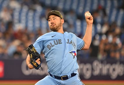 May 19, 2023; Toronto, Ontario, CAN;   Toronto Blue Jays starting pitcher Yusei Kikuchi (16) delivers a pitch against the Baltimore Orioles in the second inning at Rogers Centre. Mandatory Credit: Dan Hamilton-USA TODAY Sports