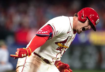 May 20, 2023; St. Louis, Missouri, USA; St. Louis Cardinals designated hitter Nolan Gorman (16) celebrates after hitting a three-run home run in the eighth inning at Busch Stadium. Mandatory Credit: Paul Halfacre-USA TODAY Sports