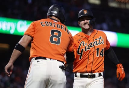 Jun 23, 2023; San Francisco, California, USA; San Francisco Giants catcher Patrick Bailey (14) celebrates his two-run home run against the Arizona Diamondbacks that also scored Michael Conforto (8) during the fifth inning at Oracle Park. Mandatory Credit: D. Ross Cameron-USA TODAY Sports