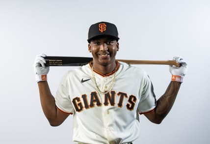 Feb 24, 2023; Scottsdale, AZ, USA; San Francisco Giants infielder Marco Luciano poses for a portrait during photo day at Scottsdale Stadium. Mandatory Credit: Mark J. Rebilas-USA TODAY Sports