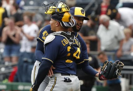 Jul 2, 2023; Pittsburgh, Pennsylvania, USA;  Milwaukee Brewers relief pitcher Devin Williams (38) and catcher William Contreras (24) embrace after defeating the Pittsburgh Pirates at PNC Park. The Brewers won 6-3. Mandatory Credit: Charles LeClaire-USA TODAY Sports