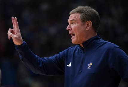 Jan 13, 2024; Lawrence, Kansas, USA; Kansas Jayhawks head coach Bill Self calls a play during the first half against the Oklahoma Sooners at Allen Fieldhouse. Mandatory Credit: Jay Biggerstaff-USA TODAY Sports