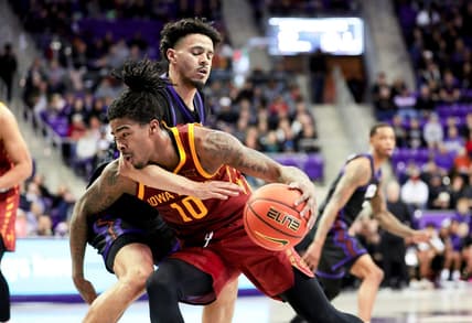 Jan 20, 2024; Fort Worth, Texas, USA;  Iowa State Cyclones guard Keshon Gilbert (10) drives to the basket as TCU Horned Frogs guard Trevian Tennyson (11) defends during the second half at Ed and Rae Schollmaier Arena. Mandatory Credit: Kevin Jairaj-USA TODAY Sports