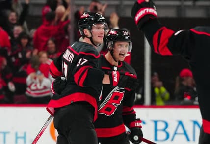 Feb 22, 2024; Raleigh, North Carolina, USA; Carolina Hurricanes center Sebastian Aho (20) is congratulated by right wing Andrei Svechnikov (37) after his goal against the Florida Panthers during the third period at PNC Arena. Mandatory Credit: James Guillory-USA TODAY Sports