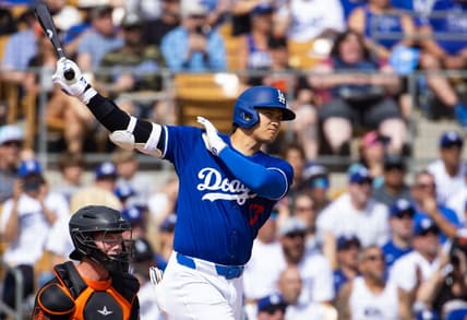 Mar 12, 2024; Phoenix, Arizona, USA; Los Angeles Dodgers designated hitter Shohei Ohtani against the San Francisco Giants during a spring training baseball game at Camelback Ranch-Glendale. Mandatory Credit: Mark J. Rebilas-USA TODAY Sports