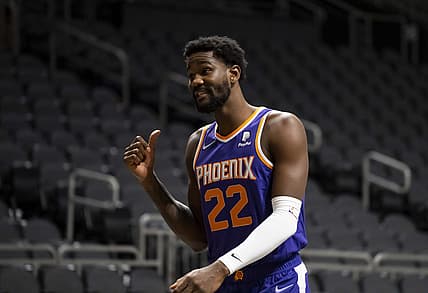 Sep 27, 2021; Phoenix, AZ, USA; Phoenix Suns center DeAndre Ayton during media day at the Footprint Center. Mandatory Credit: Mark J. Rebilas-USA TODAY Sports