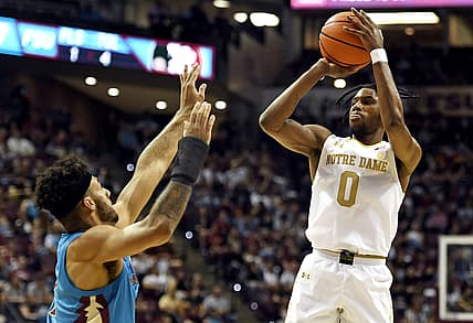 Mar 2, 2022; Tallahassee, Florida, USA; Notre Dame Fighting Irish guard Blake Wesley (0) takes a shot during the first half against the Florida State Seminoles at Donald L. Tucker Center. Mandatory Credit: Melina Myers-USA TODAY Sports