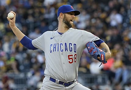 Apr 12, 2022; Pittsburgh, Pennsylvania, USA;  Chicago Cubs relief pitcher Chris Martin (58) pitches against the Pittsburgh Pirates during the sixth inning at PNC Park. Mandatory Credit: Charles LeClaire-USA TODAY Sports