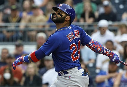 Jun 22, 2022; Pittsburgh, Pennsylvania, USA;  Chicago Cubs second baseman Jonathan Villar (24) hits a double against  the Pittsburgh Pirates during the second inning at PNC Park. Mandatory Credit: Charles LeClaire-USA TODAY Sports
