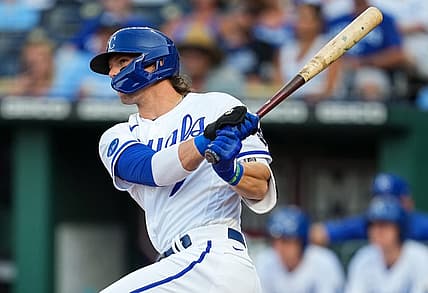 Jul 11, 2022; Kansas City, Missouri, USA; Kansas City Royals shortstop Bobby Witt Jr. (7) hits an RBI double against the Detroit Tigers during the first inning at Kauffman Stadium. Mandatory Credit: Jay Biggerstaff-USA TODAY Sports