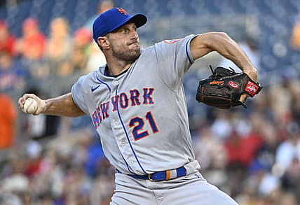 Aug 1, 2022; Washington, District of Columbia, USA; New York Mets starting pitcher Max Scherzer (21) throws to the Washington Nationals during the first inning at Nationals Park. Mandatory Credit: Brad Mills-USA TODAY Sports