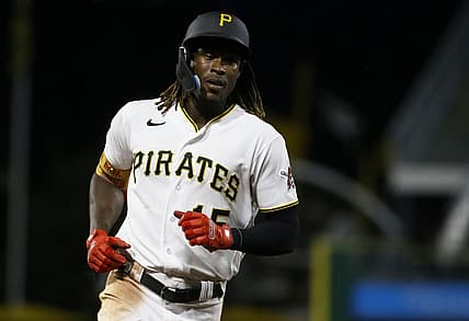 Aug 2, 2022; Pittsburgh, Pennsylvania, USA;  Pittsburgh Pirates shortstop Oneil Cruz (15) circles the bases after a three-run home run against the Milwaukee Brewers during the sixth inning at PNC Park. Mandatory Credit: Charles LeClaire-USA TODAY Sports