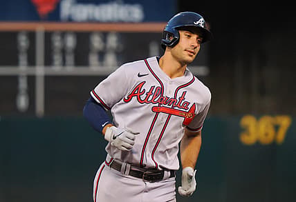 Sep 6, 2022; Oakland, California, USA; Atlanta Braves first baseman Matt Olson (28) rounds the bases on a three-run home run against the Oakland Athletics during the third inning at RingCentral Coliseum. Mandatory Credit: Kelley L Cox-USA TODAY Sports