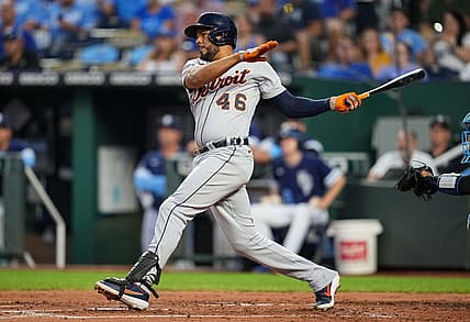 Sep 9, 2022; Kansas City, Missouri, USA; Detroit Tigers designated hitter Jeimer Candelario (46) hits a three-run home run against the Kansas City Royals during the second inning at Kauffman Stadium. Mandatory Credit: Jay Biggerstaff-USA TODAY Sports